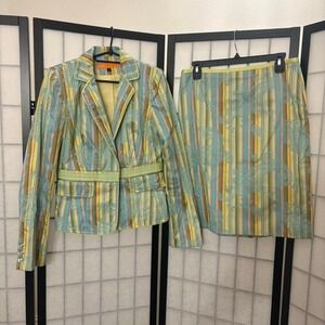Cynthia Steefe Size 8 / M‎ Green Striped Pastel Rhinestone Skirt Suit 80s Vtg